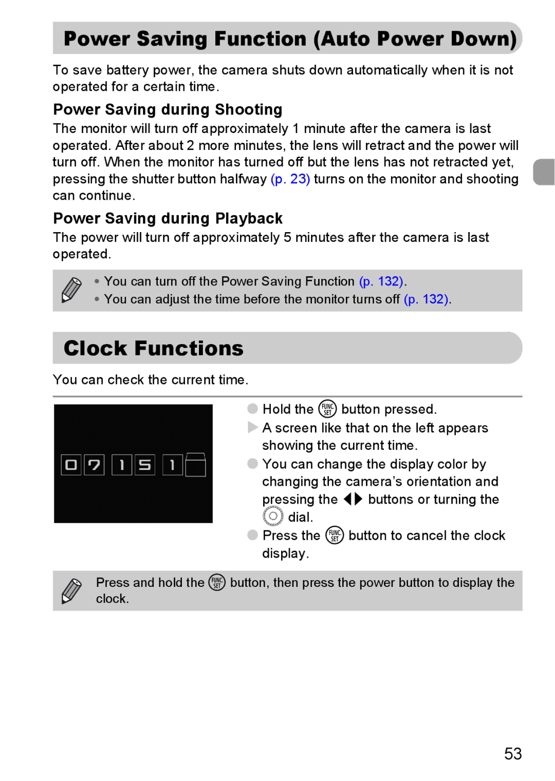 Canon 990 IS manual Clock Functions, Power Saving during Shooting, Power Saving during Playback 