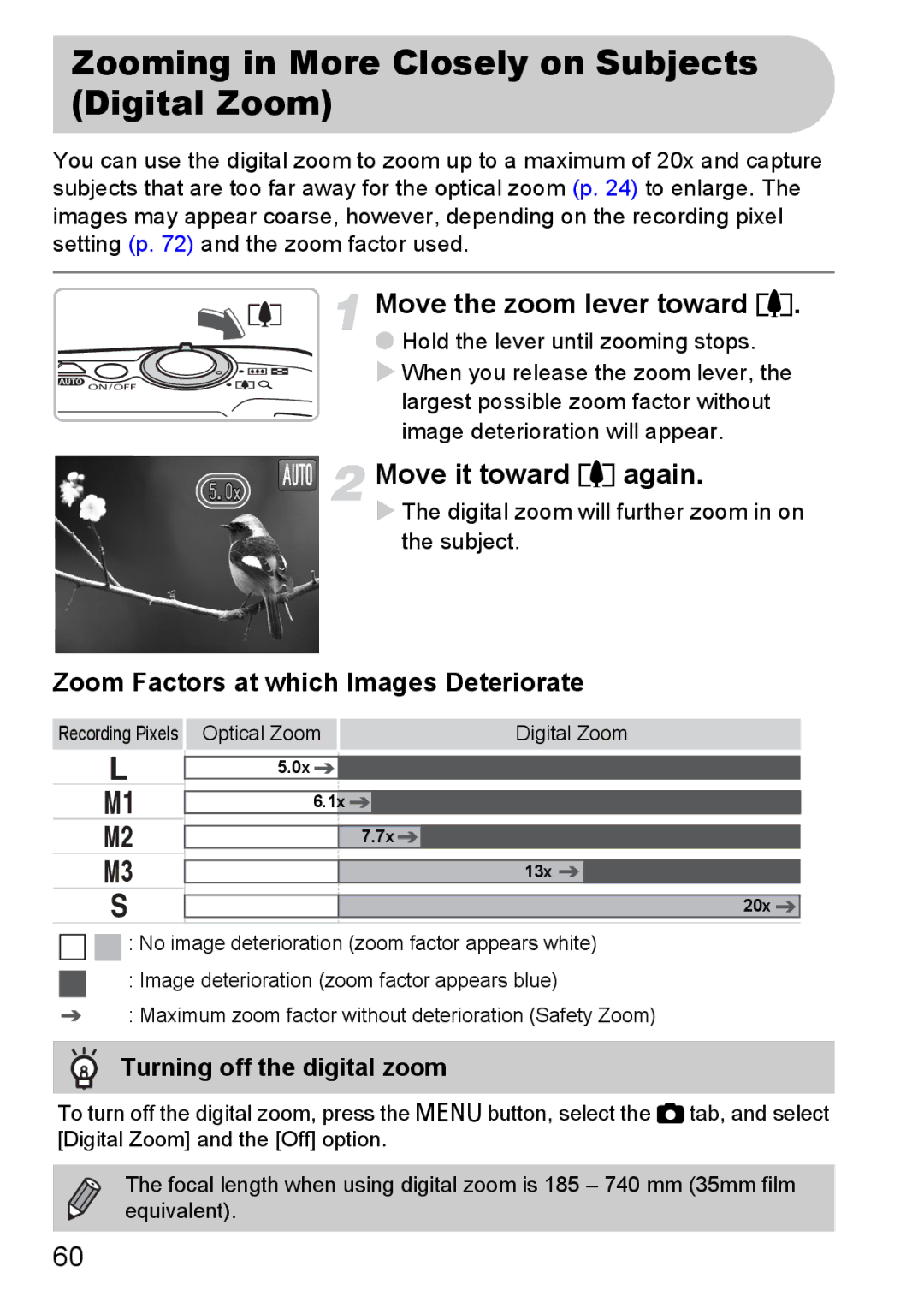 Canon 990 IS manual Zooming in More Closely on Subjects Digital Zoom, Move the zoom lever toward, Move it toward i again 