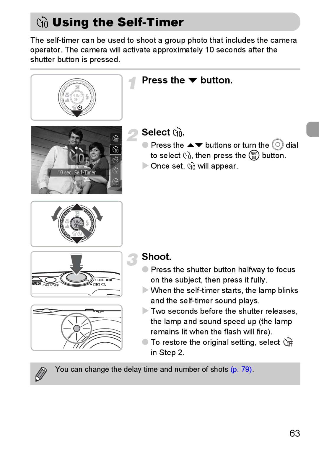 Canon 990 IS manual Using the Self-Timer, Press the p button Select Ò, To restore the original setting, select in Step 