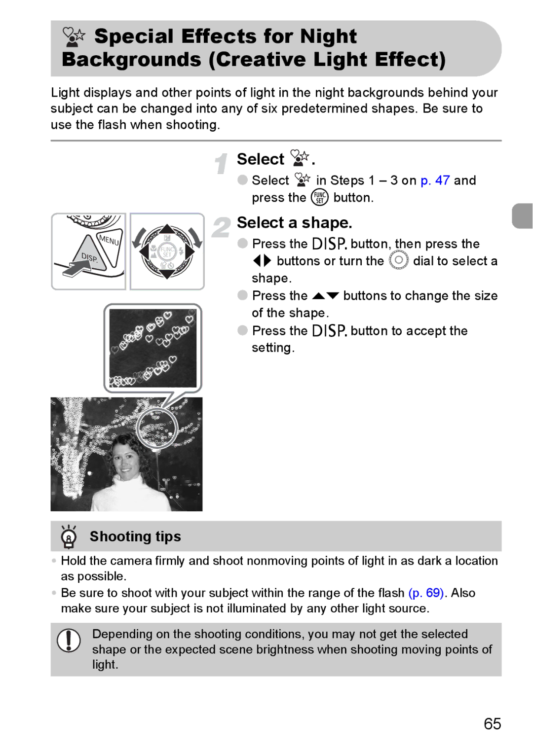 Canon 990 IS manual Select a shape, Shooting tips, Select in Steps 1 3 on p and press the m button 