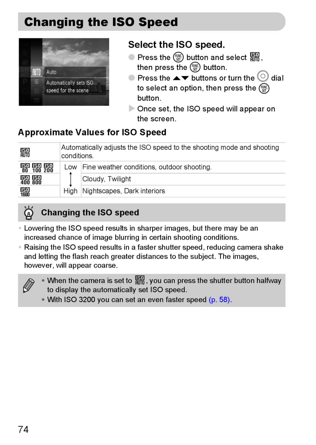 Canon 990 IS manual Changing the ISO Speed, Select the ISO speed, Approximate Values for ISO Speed, Changing the ISO speed 