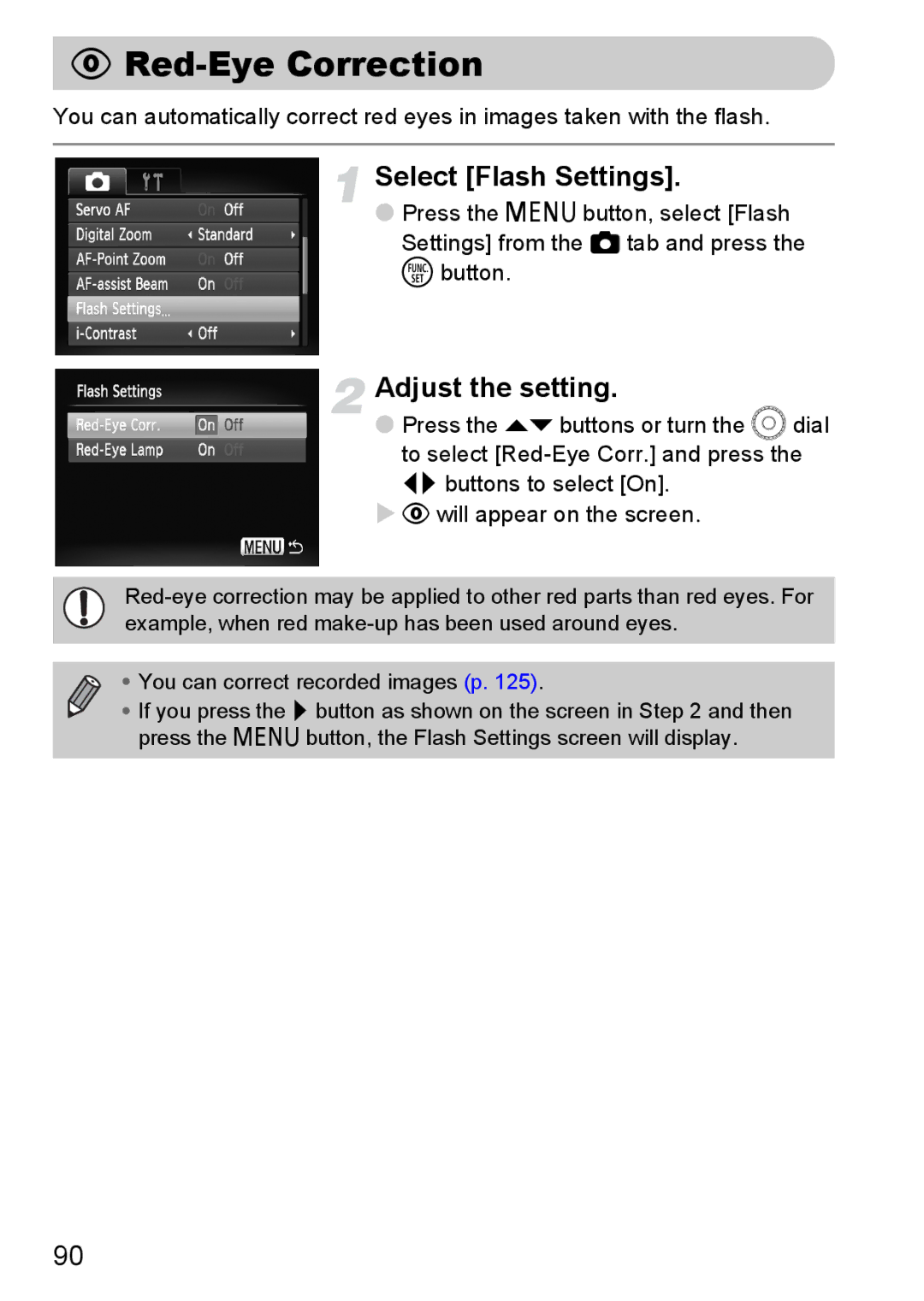 Canon 990 IS manual Red-Eye Correction, Select Flash Settings, Adjust the setting 