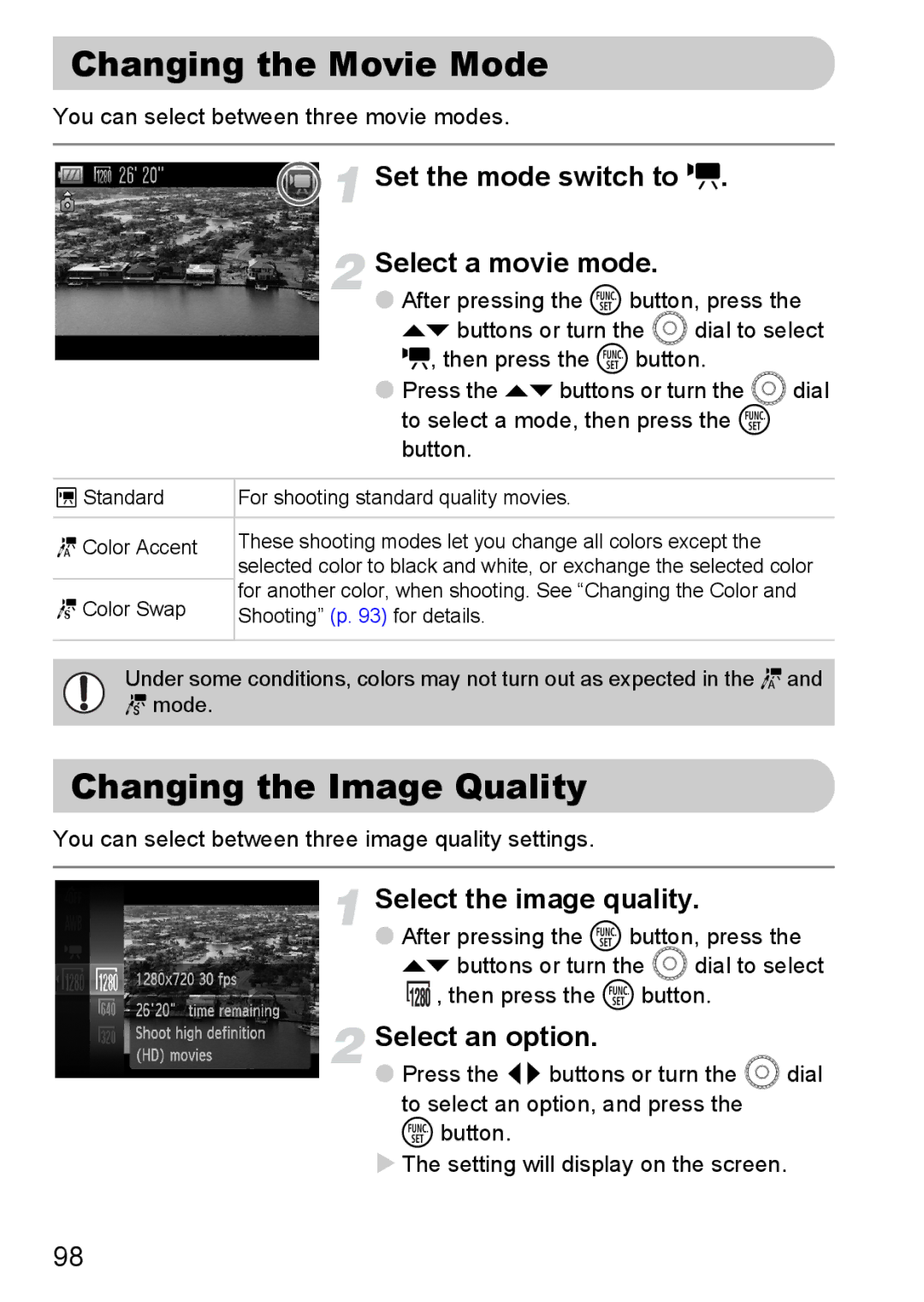 Canon 990 IS manual Changing the Movie Mode, Changing the Image Quality, Set the mode switch to E Select a movie mode 