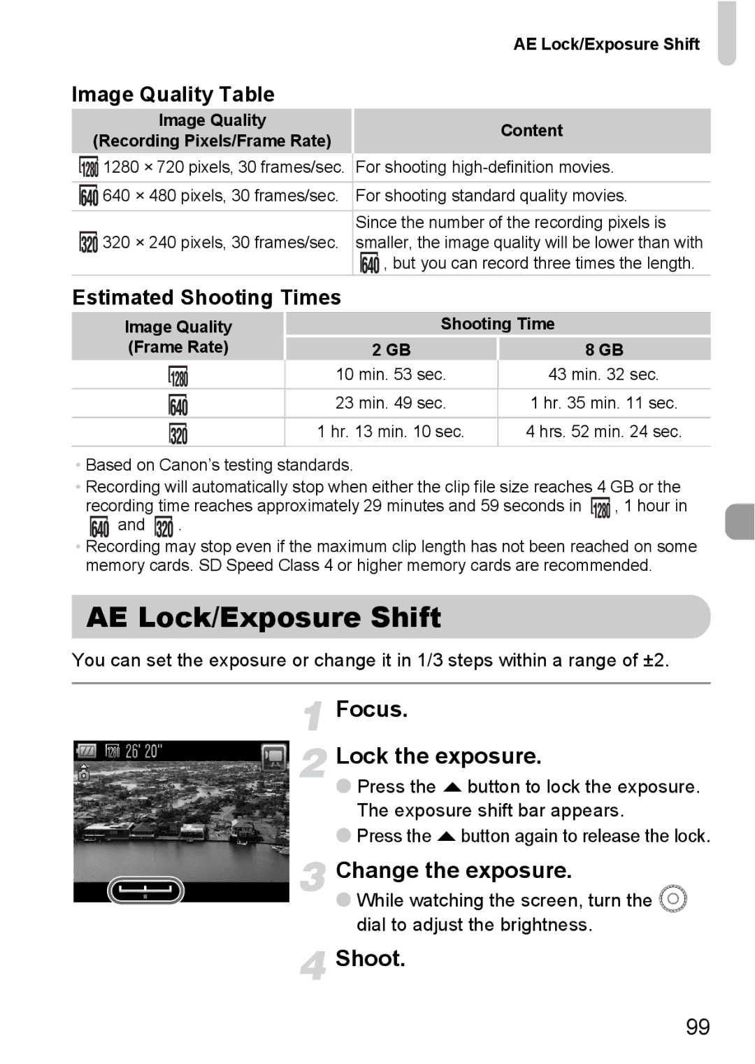 Canon 990 IS manual AE Lock/Exposure Shift, Focus Lock the exposure, Change the exposure, Image Quality Table 