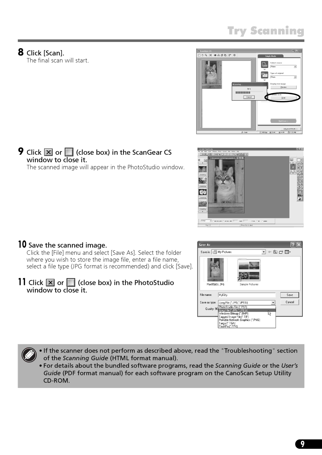 Canon 9900F manual Click Scan, Click or close box in the ScanGear CS window to close it, Save the scanned image 