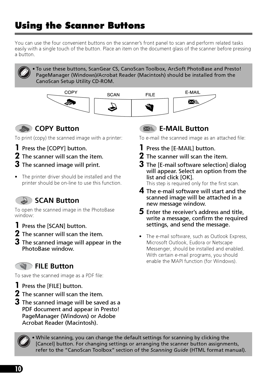 Canon 9900F manual Using the Scanner Buttons, Copy Button, Mail Button, Scan Button, File Button 