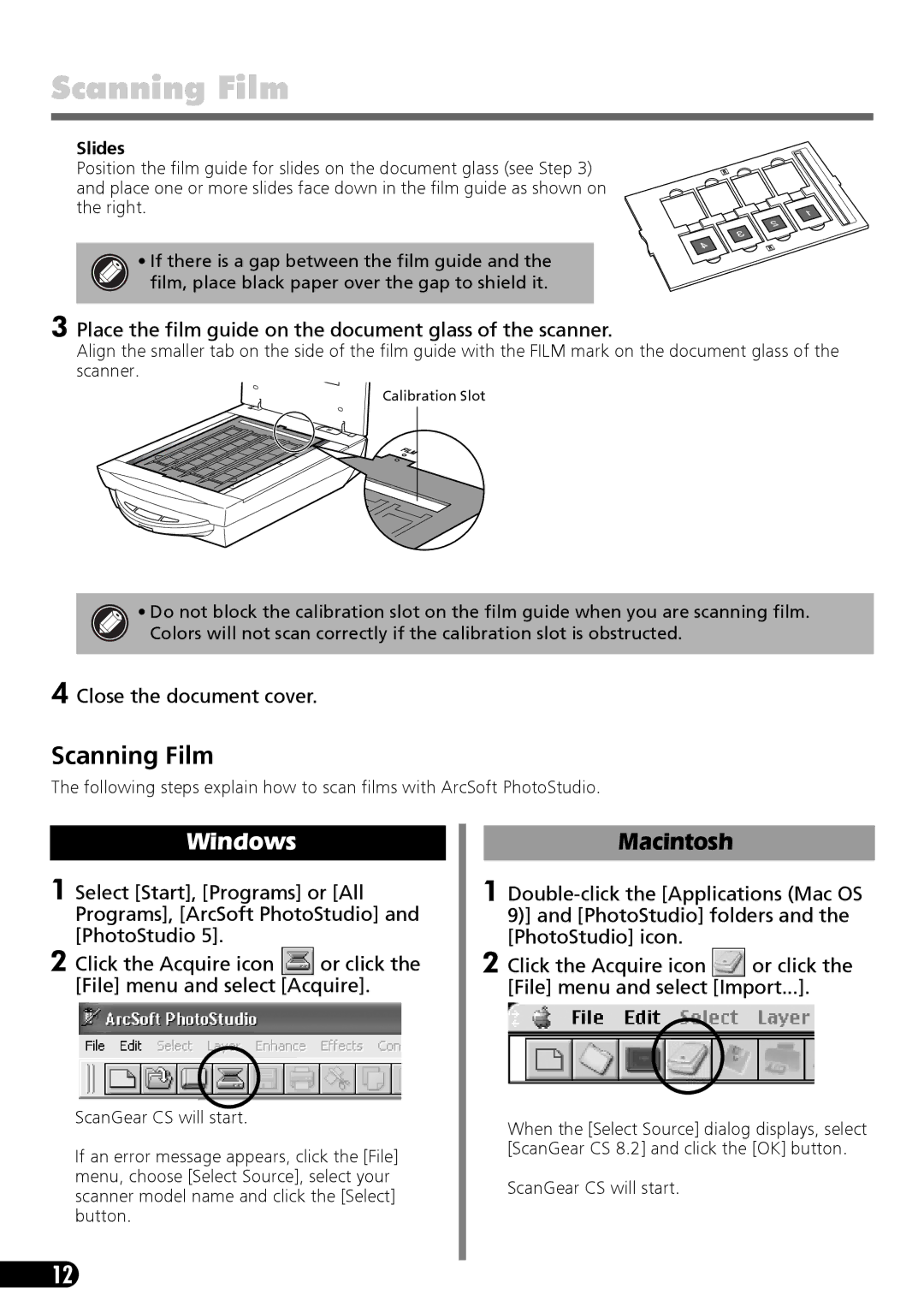 Canon 9900F Scanning Film, Place the film guide on the document glass of the scanner, Close the document cover, Slides 