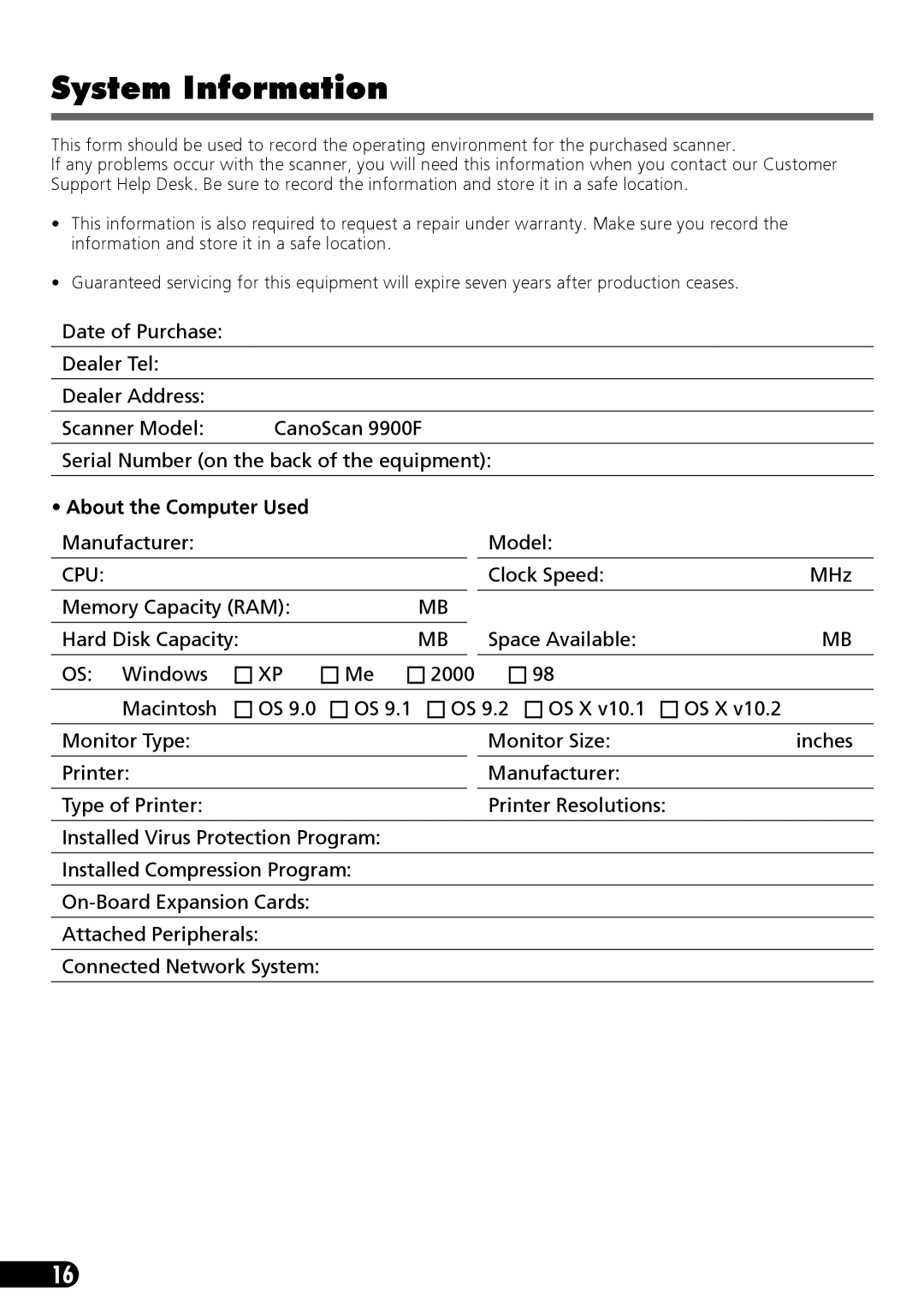 Canon 9900F manual System Information, Manufacturer Model 