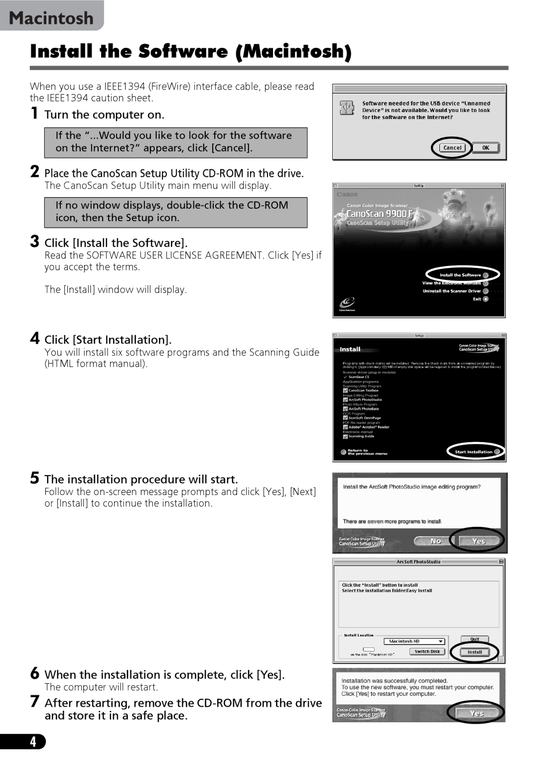 Canon 9900F manual Install the Software Macintosh 