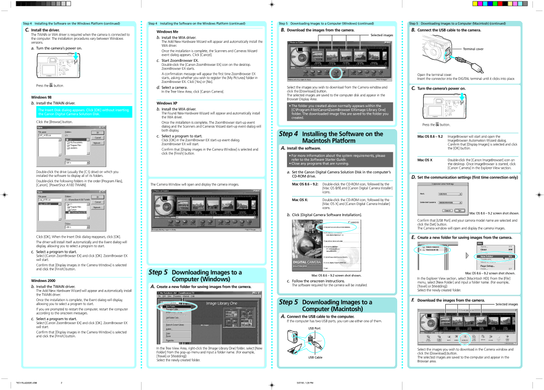 Canon A100 manual Downloading Images to a Computer Windows, Installing the Software on the Macintosh Platform 