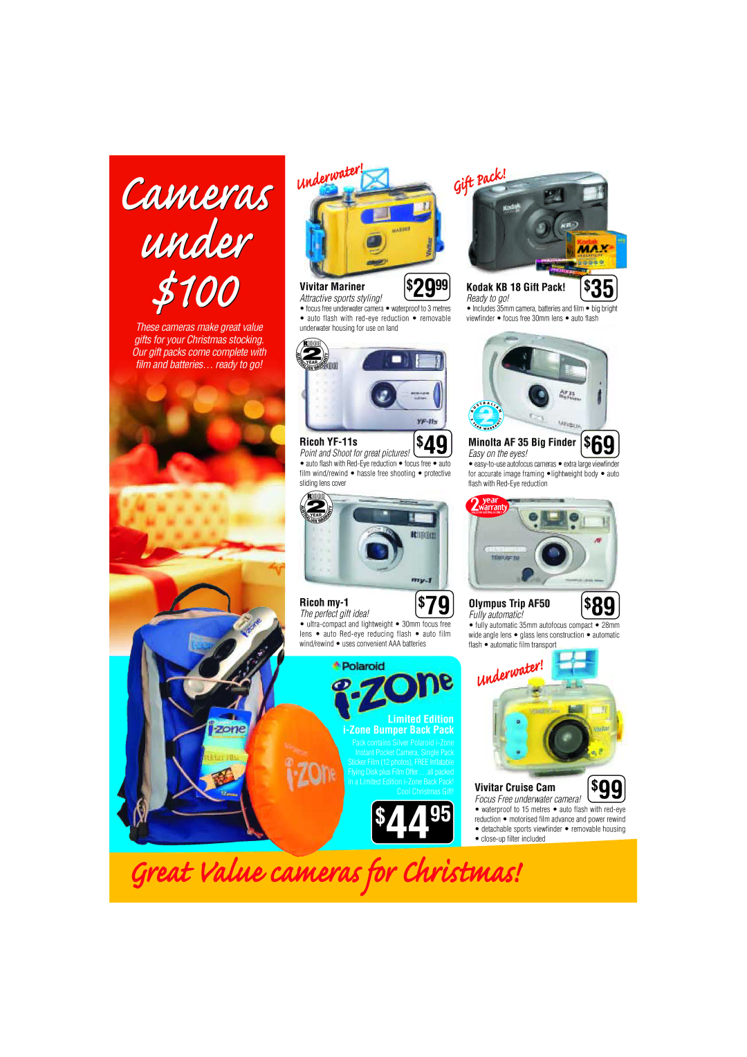 Canon A200 manual $79, Vivitar Mariner, Ricoh YF-11s, Ricoh my-1, Limited Edition i-Zone Bumper Back Pack 