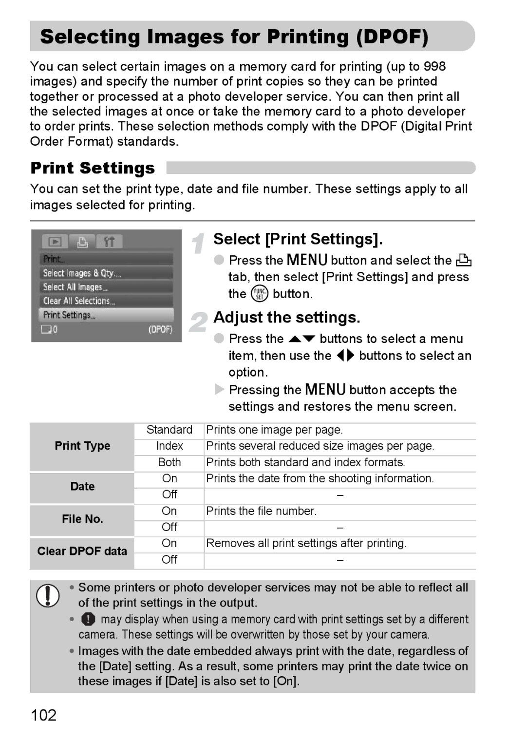 Canon A2100 IS manual Selecting Images for Printing Dpof, Select Print Settings, Adjust the settings, 102 