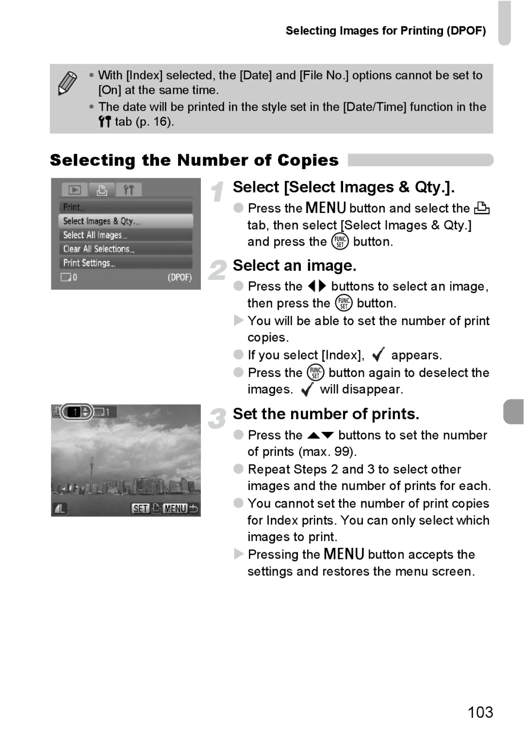 Canon A2100 IS manual Selecting the Number of Copies, Select Select Images & Qty, Set the number of prints, 103 