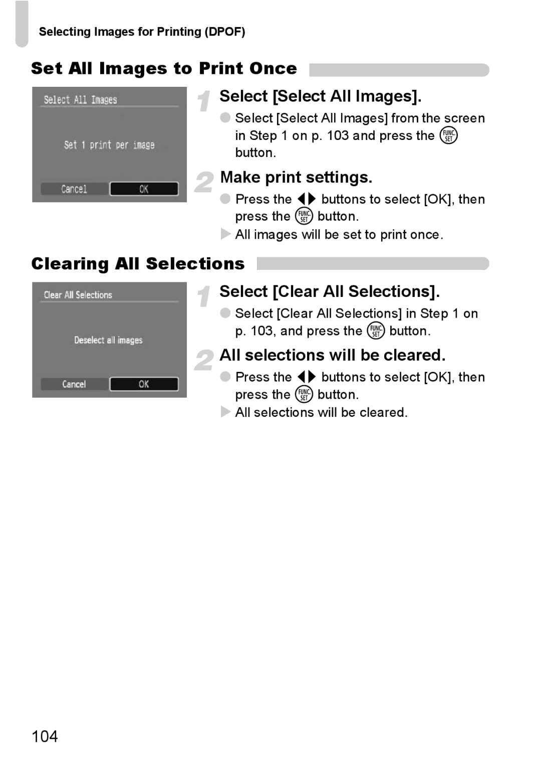 Canon A2100 IS manual Set All Images to Print Once, Clearing All Selections 