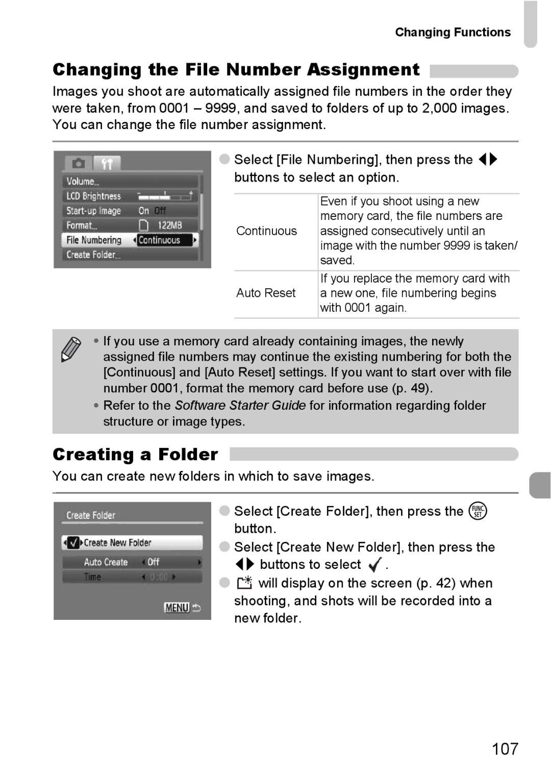 Canon A2100 IS manual Changing the File Number Assignment, Creating a Folder, 107, Changing Functions 