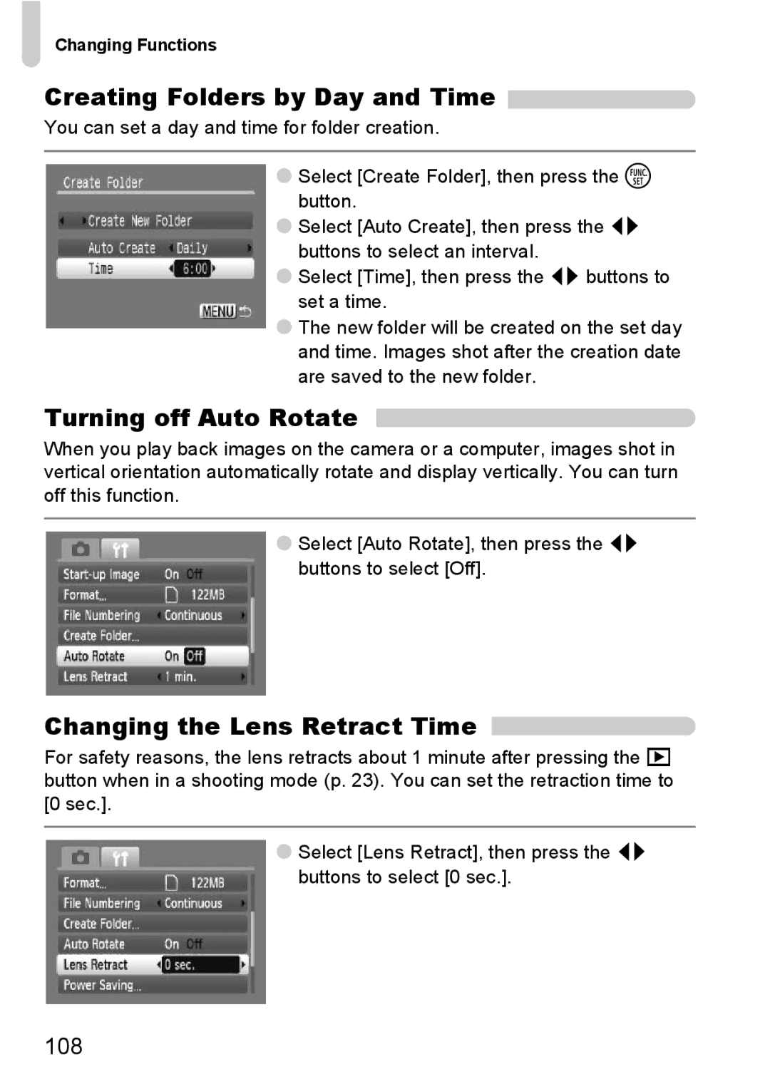 Canon A2100 IS manual Creating Folders by Day and Time, Turning off Auto Rotate, Changing the Lens Retract Time, 108 