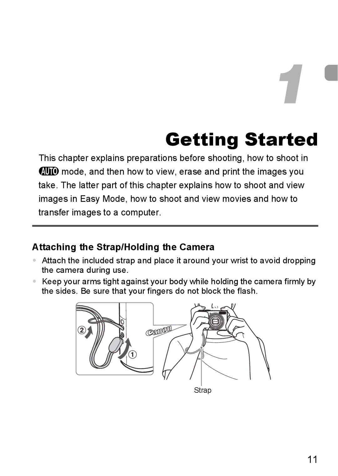 Canon A2100 IS manual Getting Started, Attaching the Strap/Holding the Camera 