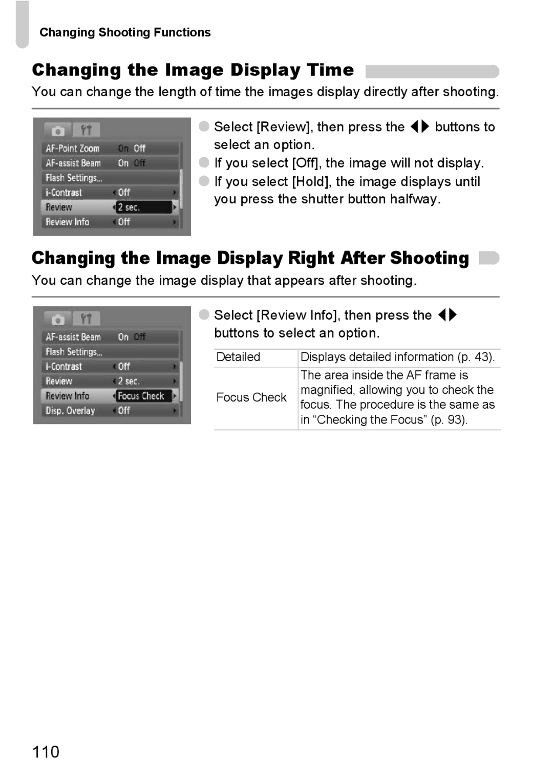 Canon A2100 IS manual Changing the Image Display Time, Changing the Image Display Right After Shooting, 110 