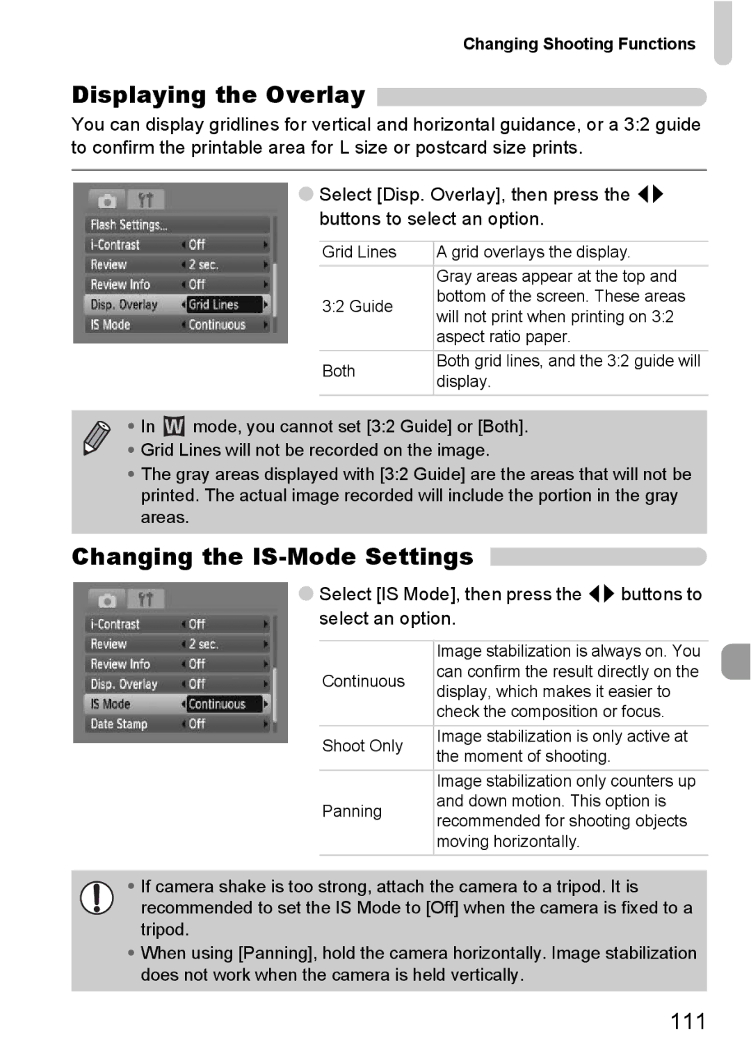 Canon A2100 IS manual Displaying the Overlay, Changing the IS-Mode Settings, 111 