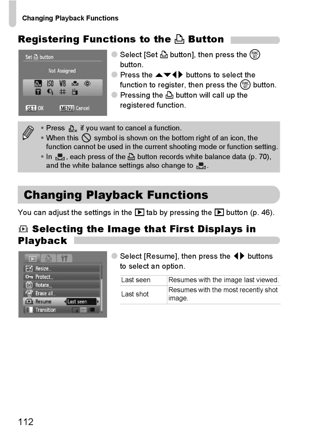 Canon A2100 IS manual Changing Playback Functions, Registering Functions to the c Button, 112 