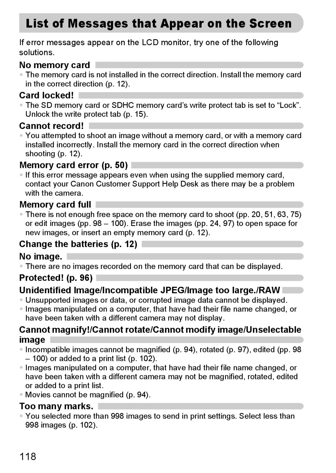 Canon A2100 IS manual List of Messages that Appear on the Screen, 118 