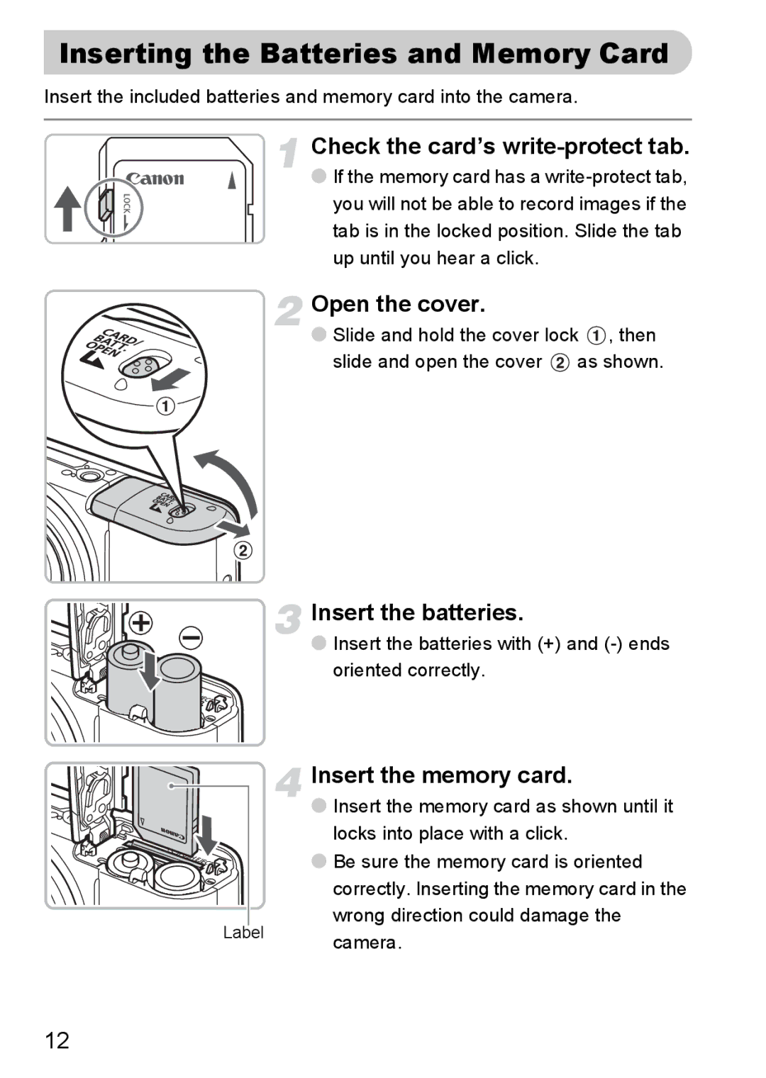 Canon A2100 IS manual Inserting the Batteries and Memory Card, Check the card’s write-protect tab, Open the cover 