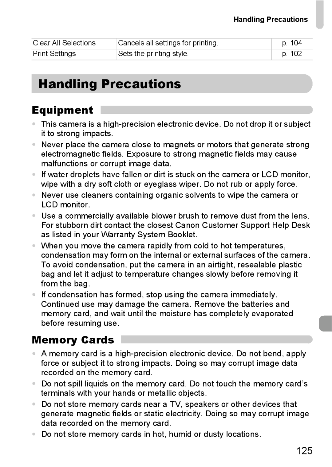 Canon A2100 IS manual Handling Precautions, Equipment, Memory Cards, 125 