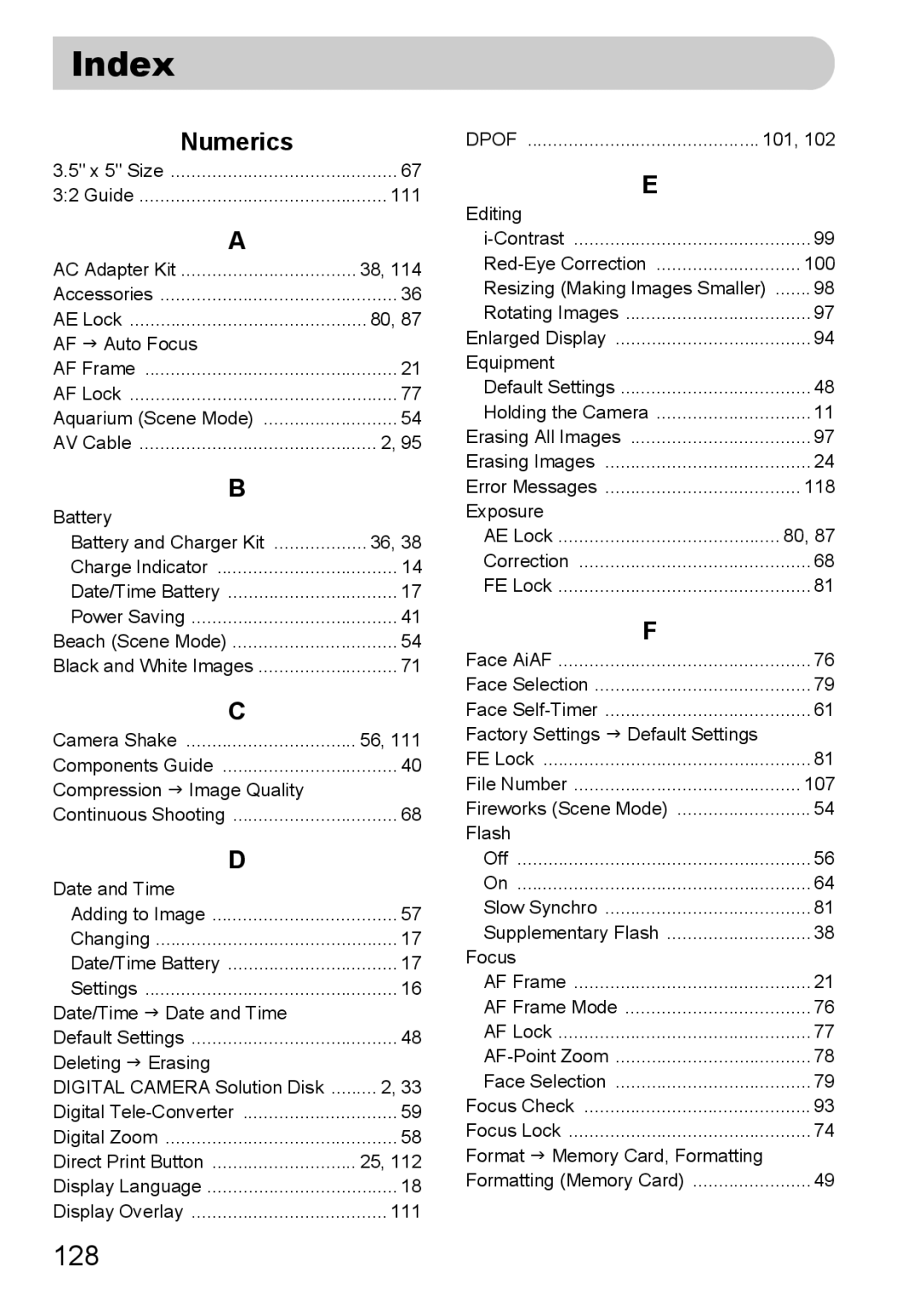 Canon A2100 IS manual Index, 128, Numerics 