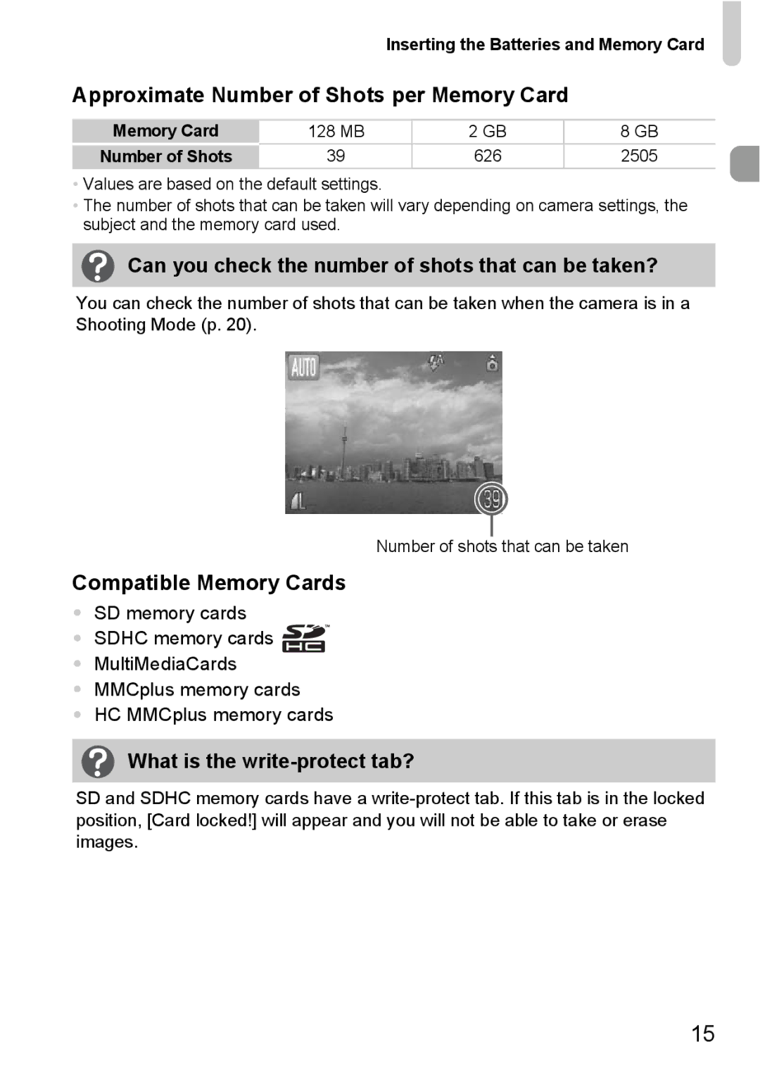 Canon A2100 IS manual Approximate Number of Shots per Memory Card, Can you check the number of shots that can be taken? 