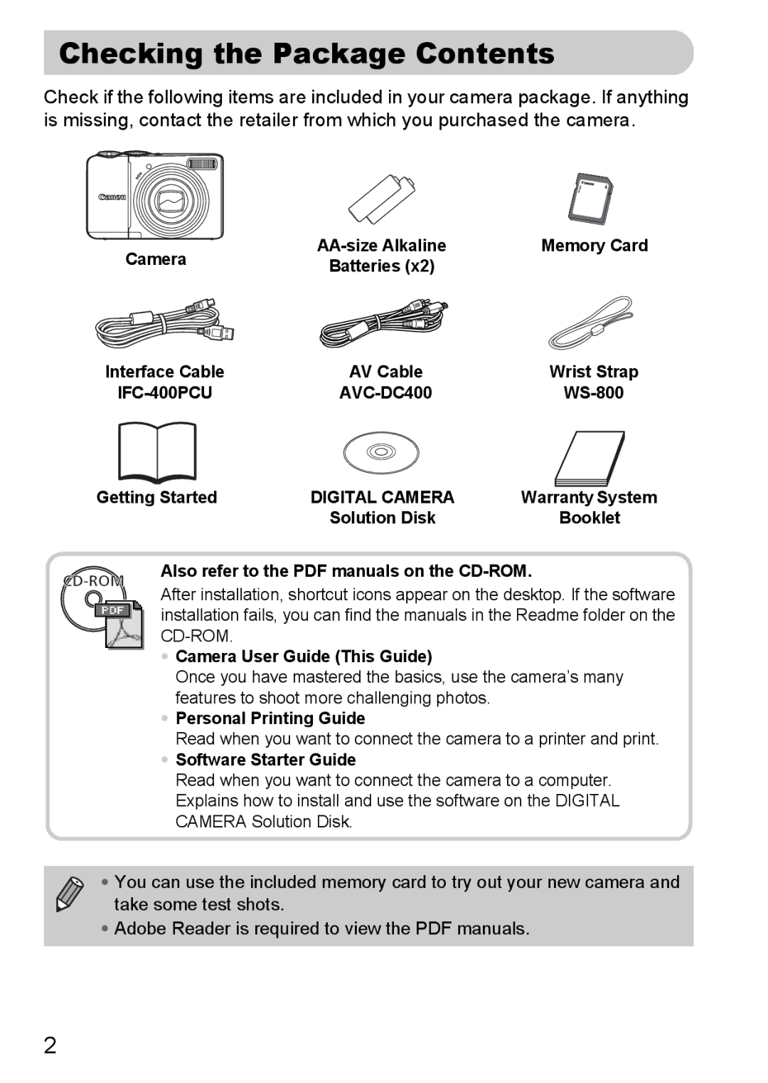 Canon A2100 IS manual Checking the Package Contents 