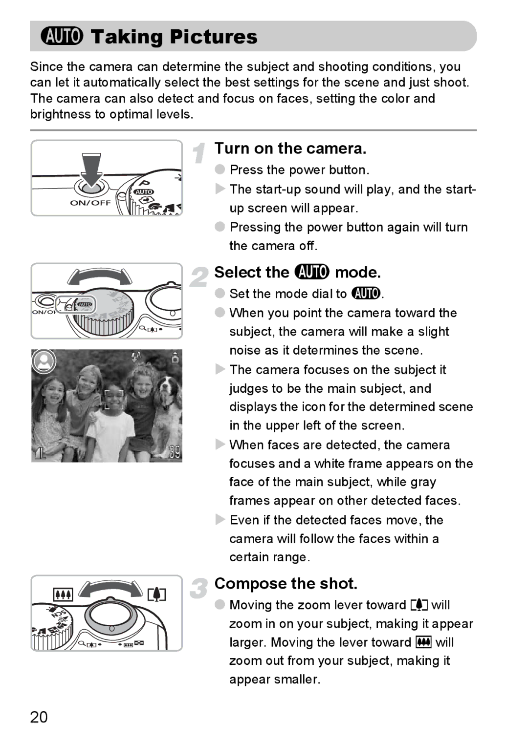 Canon A2100 IS manual Taking Pictures, Select the a mode, Compose the shot, Set the mode dial to a 