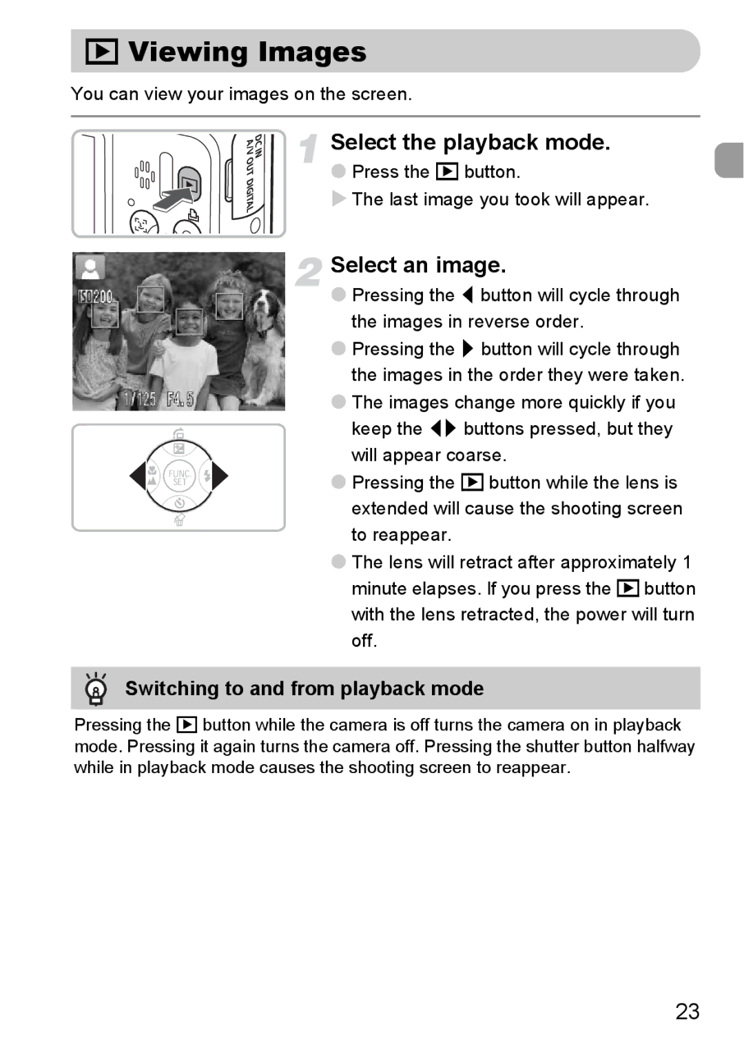 Canon A2100 IS manual Viewing Images, Select the playback mode, Select an image, Switching to and from playback mode 