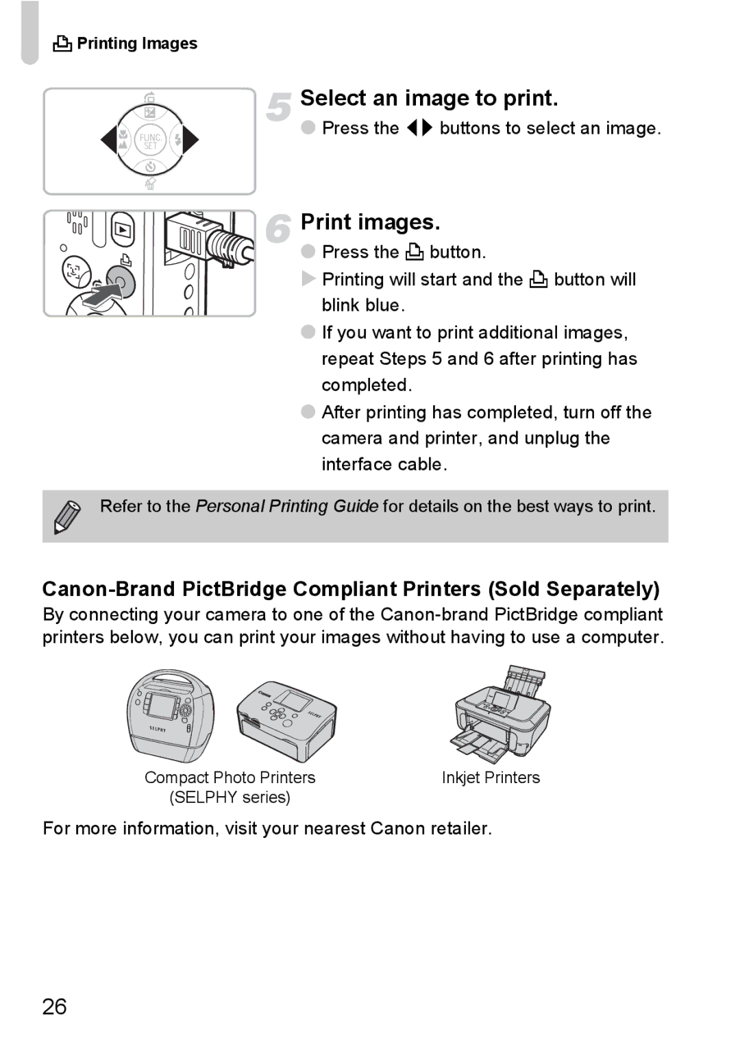 Canon A2100 IS manual Select an image to print, Print images, Canon-Brand PictBridge Compliant Printers Sold Separately 