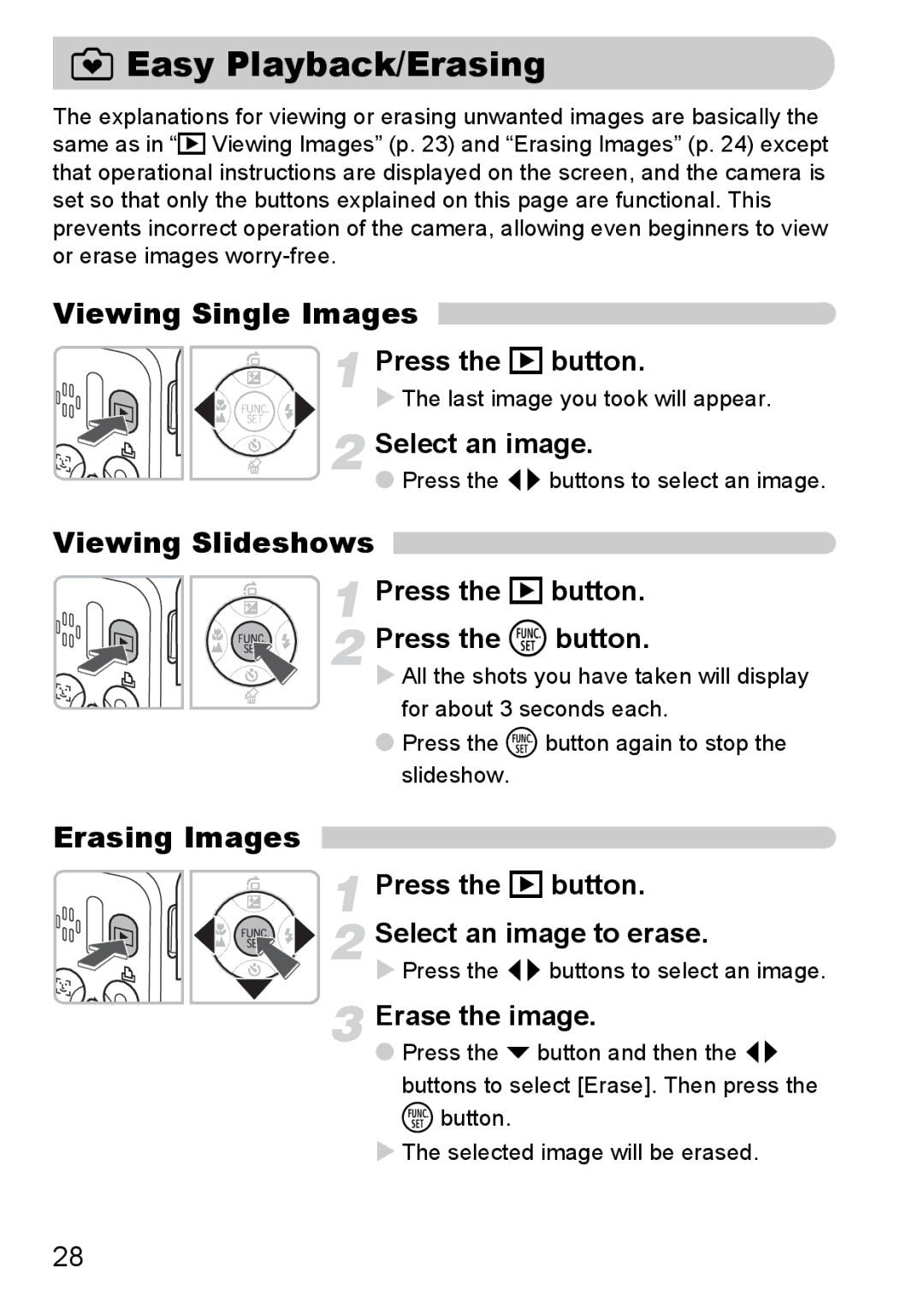 Canon A2100 IS manual Easy Playback/Erasing, Viewing Single Images, Viewing Slideshows, Erasing Images 