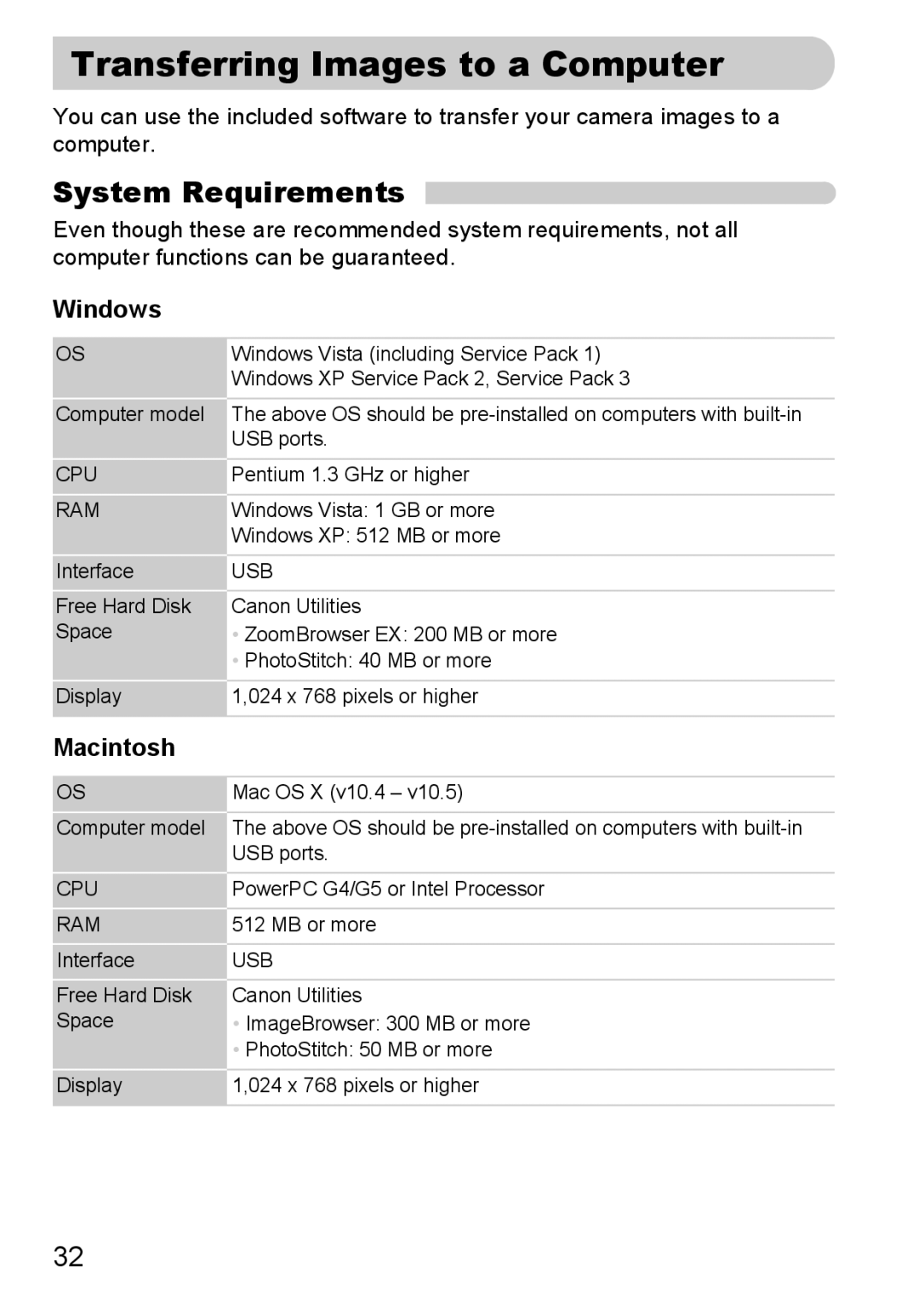 Canon A2100 IS manual Transferring Images to a Computer, System Requirements, Windows, Macintosh 