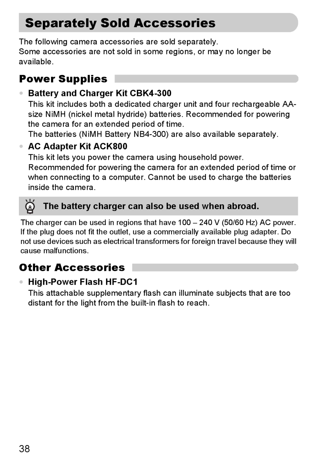 Canon A2100 IS manual Separately Sold Accessories, Power Supplies, Other Accessories 