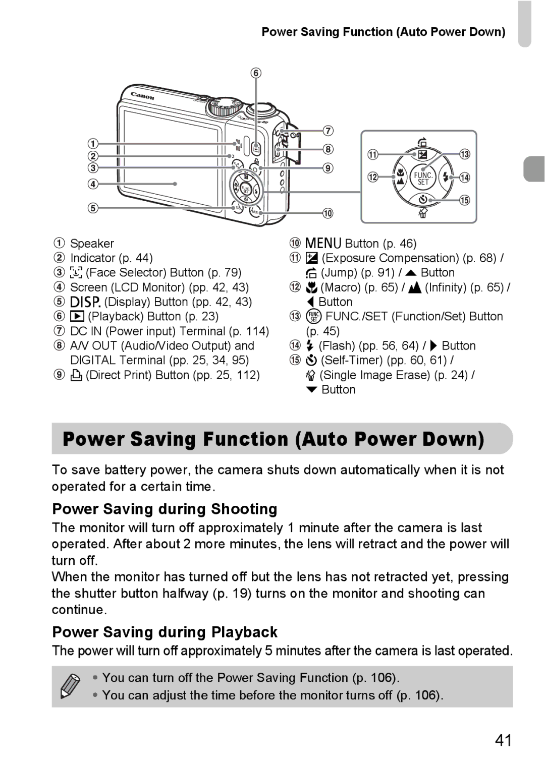 Canon A2100 IS manual Power Saving during Shooting, Power Saving during Playback, Power Saving Function Auto Power Down 