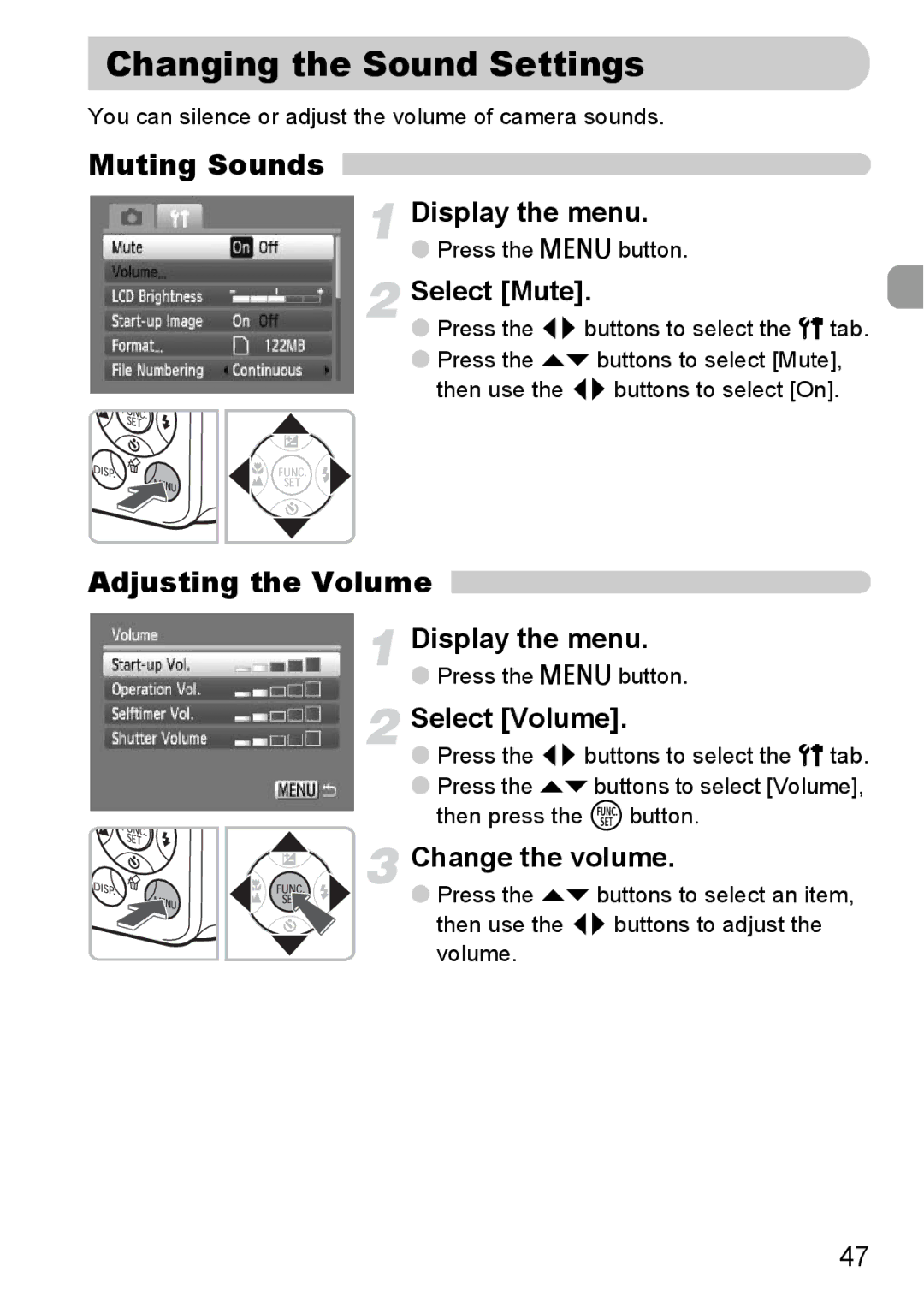 Canon A2100 IS manual Changing the Sound Settings, Muting Sounds, Adjusting the Volume 