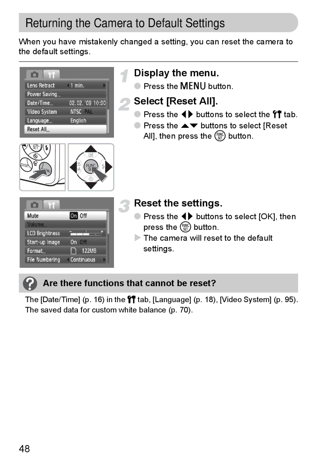 Canon A2100 IS manual Returning the Camera to Default Settings, Select Reset All, Reset the settings 