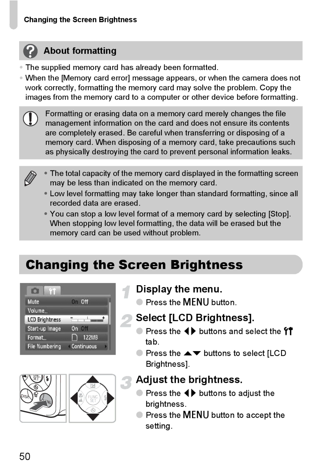 Canon A2100 IS manual Changing the Screen Brightness, Select LCD Brightness, Adjust the brightness, About formatting 