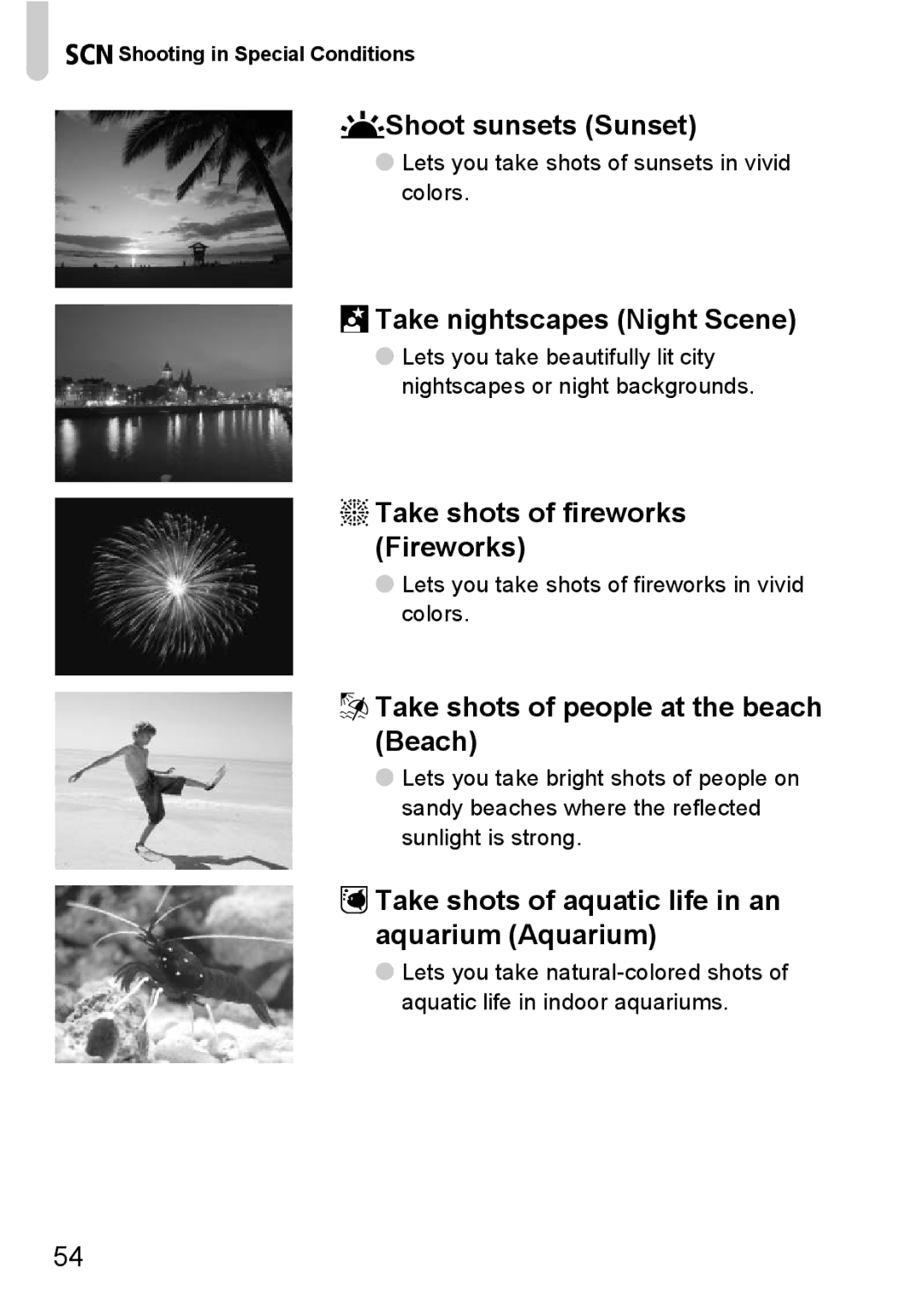 Canon A2100 IS manual UShoot sunsets Sunset, Take nightscapes Night Scene, TTake shots of fireworks Fireworks 