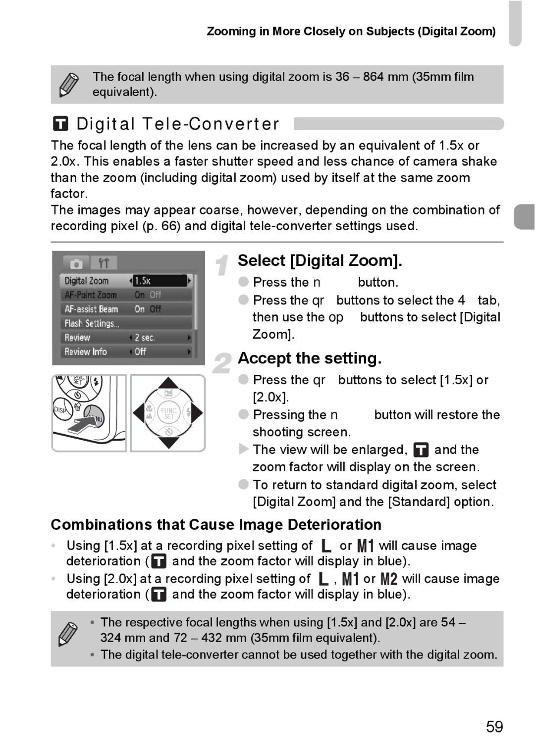 Canon A2100 IS manual Digital Tele-Converter, Select Digital Zoom, Accept the setting 