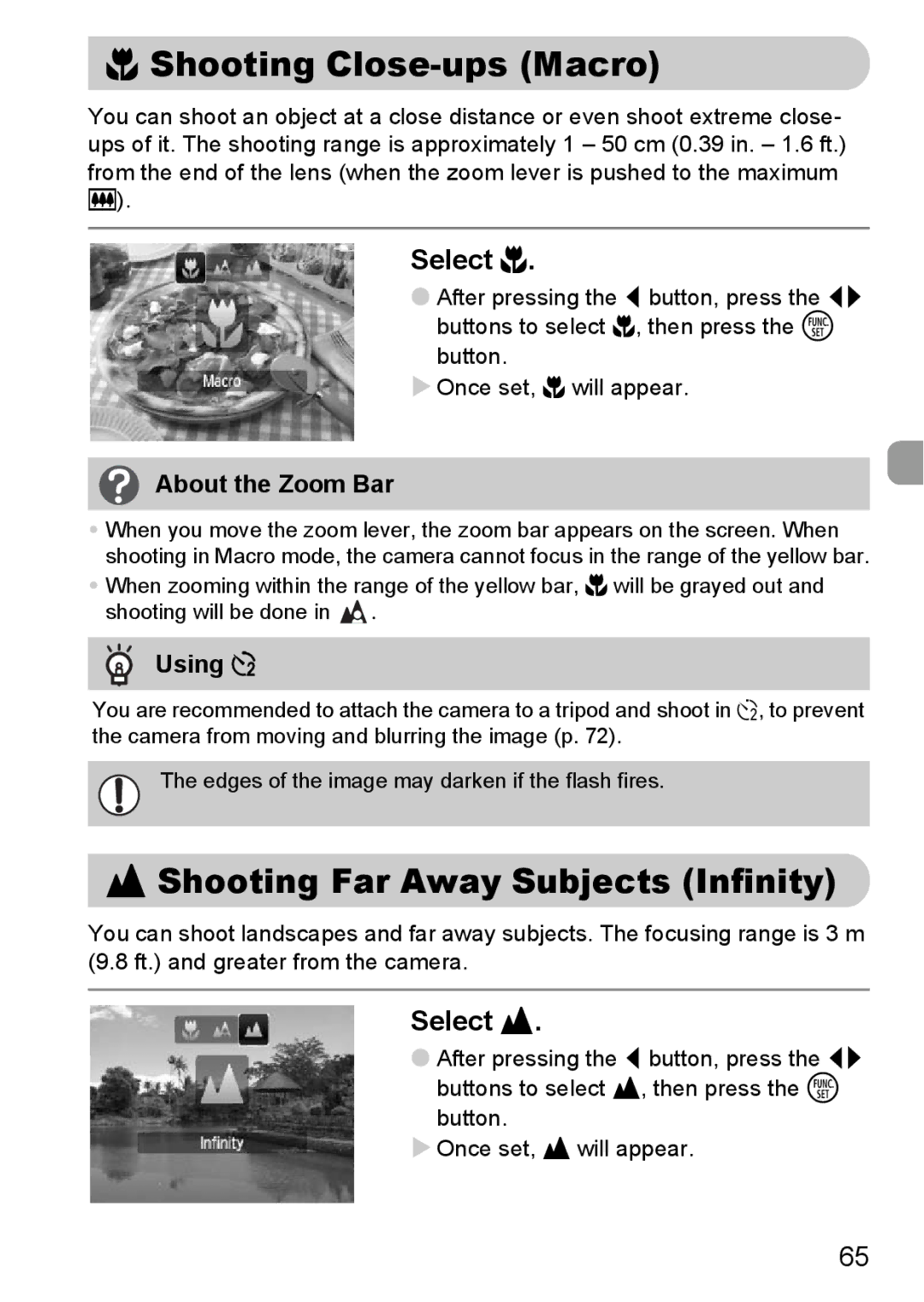 Canon A2100 IS manual Shooting Close-ups Macro, Shooting Far Away Subjects Infinity, Select e, Select u 