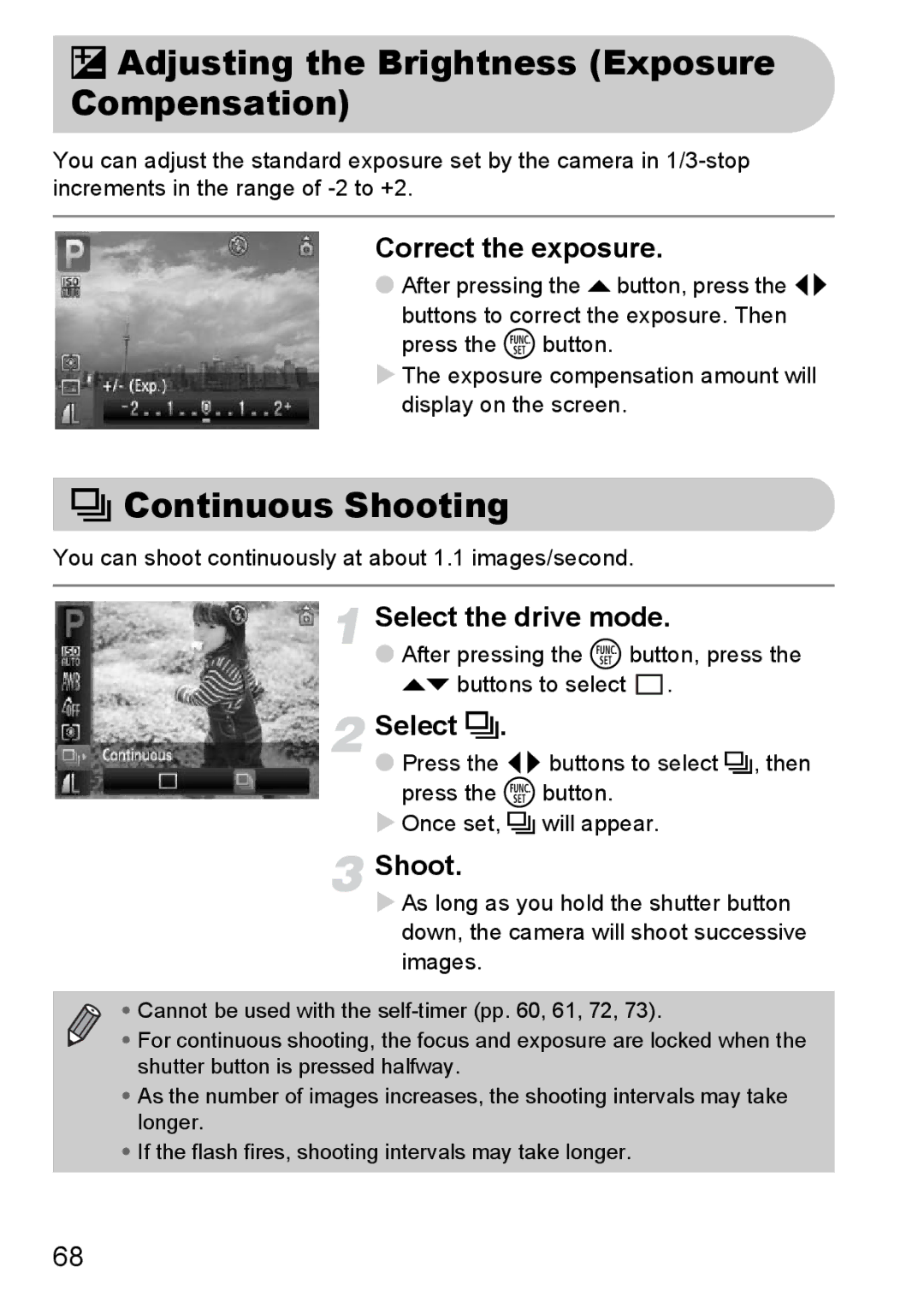 Canon A2100 IS manual Adjusting the Brightness Exposure Compensation, Continuous Shooting, Correct the exposure, Select W 