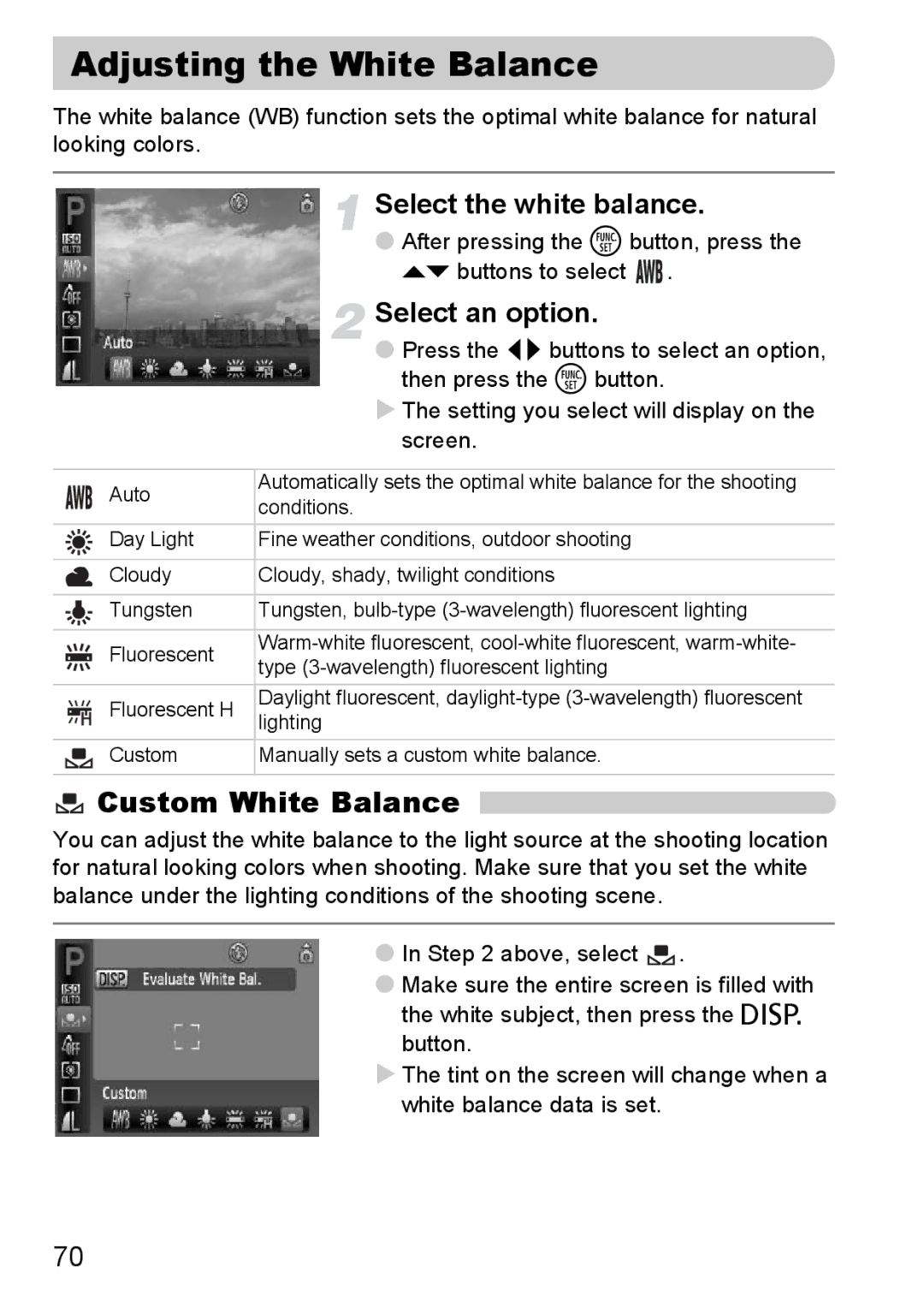 Canon A2100 IS manual Adjusting the White Balance, Custom White Balance, Select the white balance 