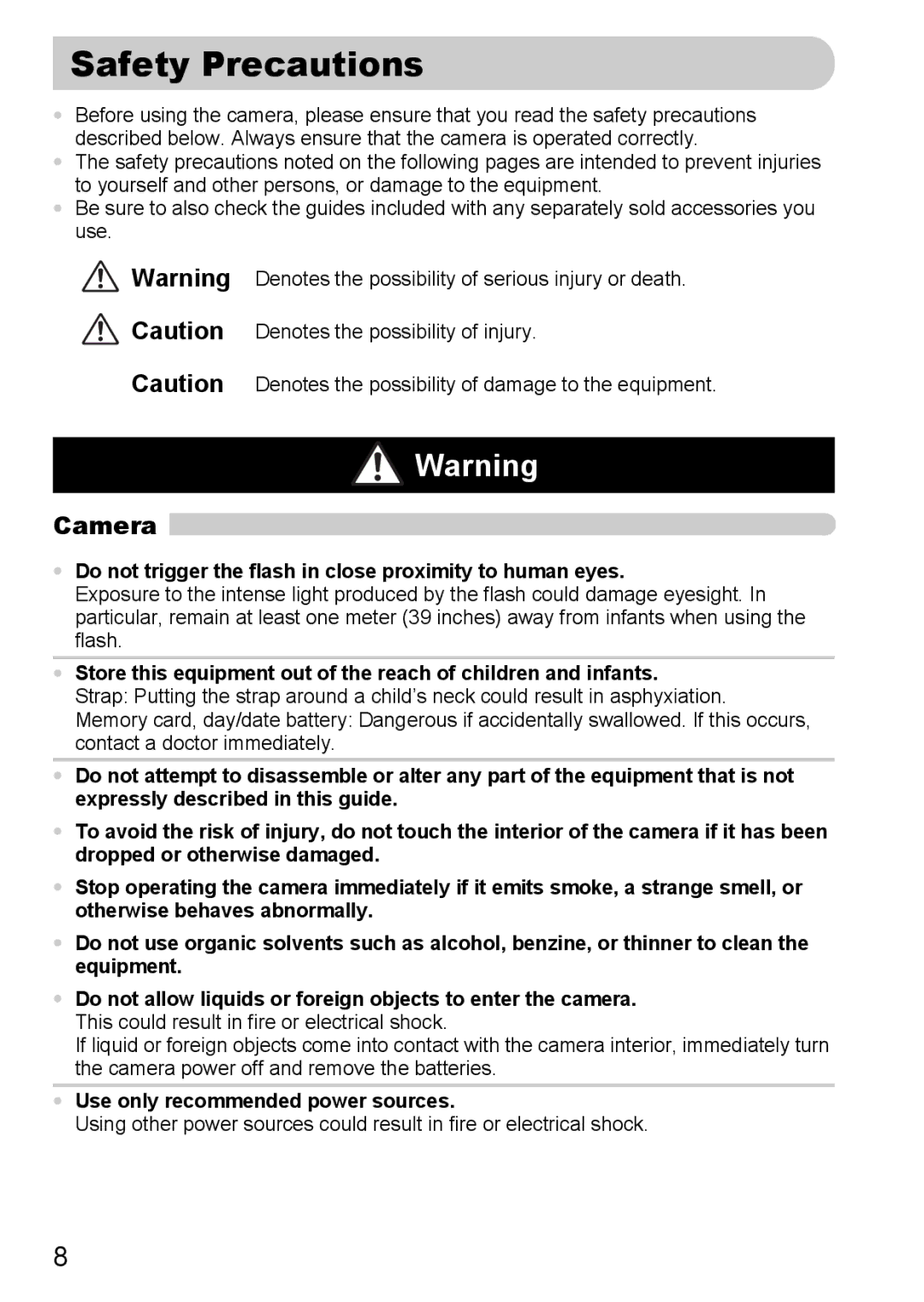 Canon A2100 IS manual Safety Precautions, Camera, Do not trigger the flash in close proximity to human eyes 