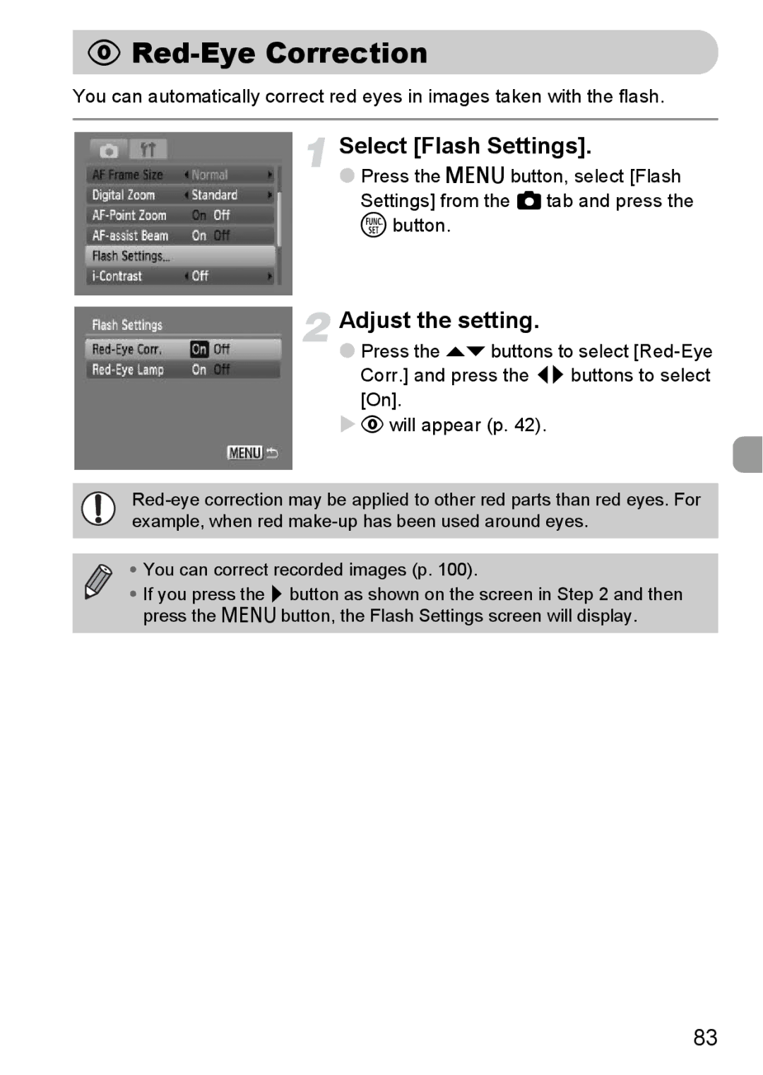 Canon A2100 IS manual Red-Eye Correction, Select Flash Settings, Adjust the setting 