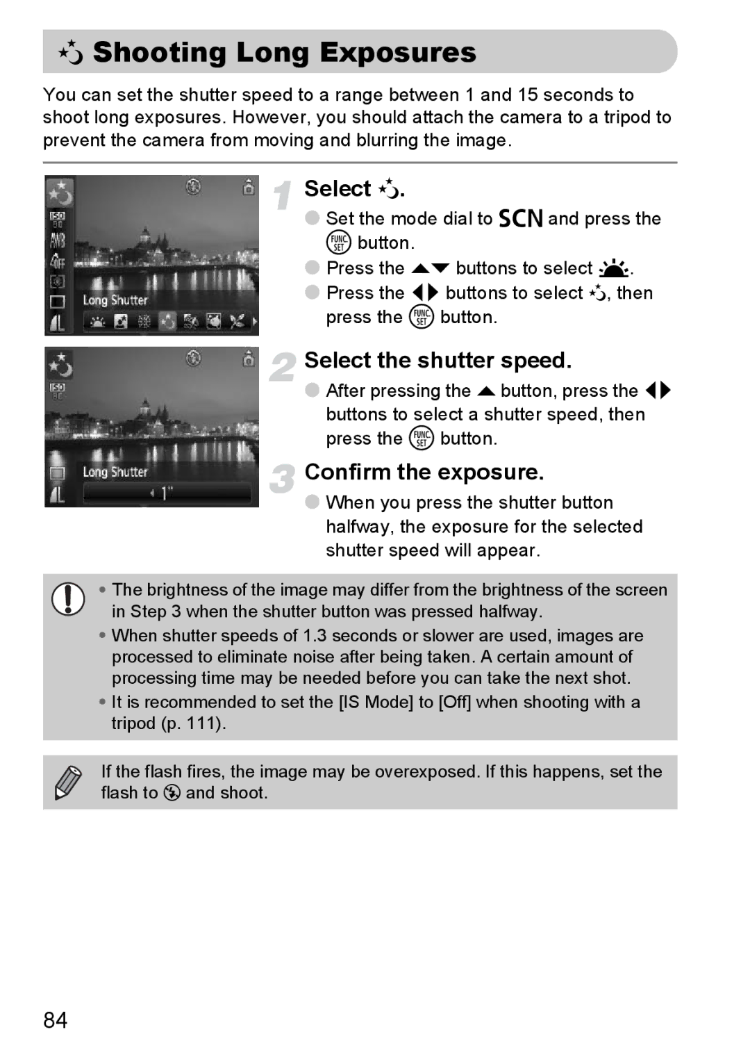 Canon A2100 IS manual ≈ Shooting Long Exposures, Select ≈, Select the shutter speed, Confirm the exposure 