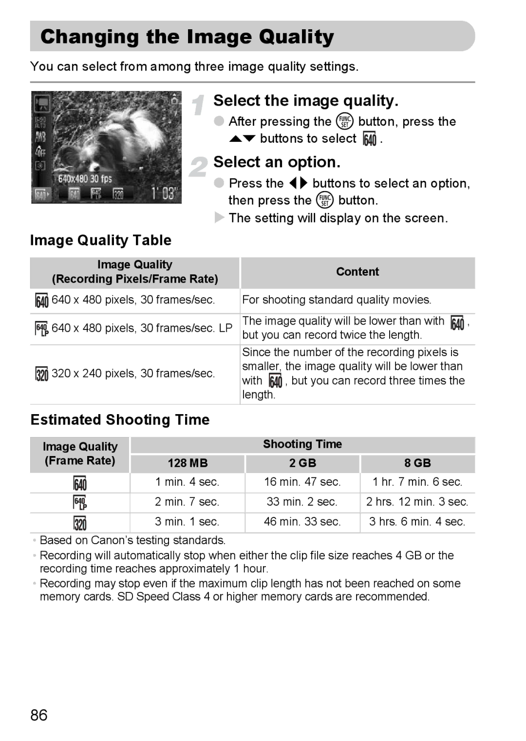 Canon A2100 IS manual Changing the Image Quality, Select the image quality, Image Quality Table, Estimated Shooting Time 