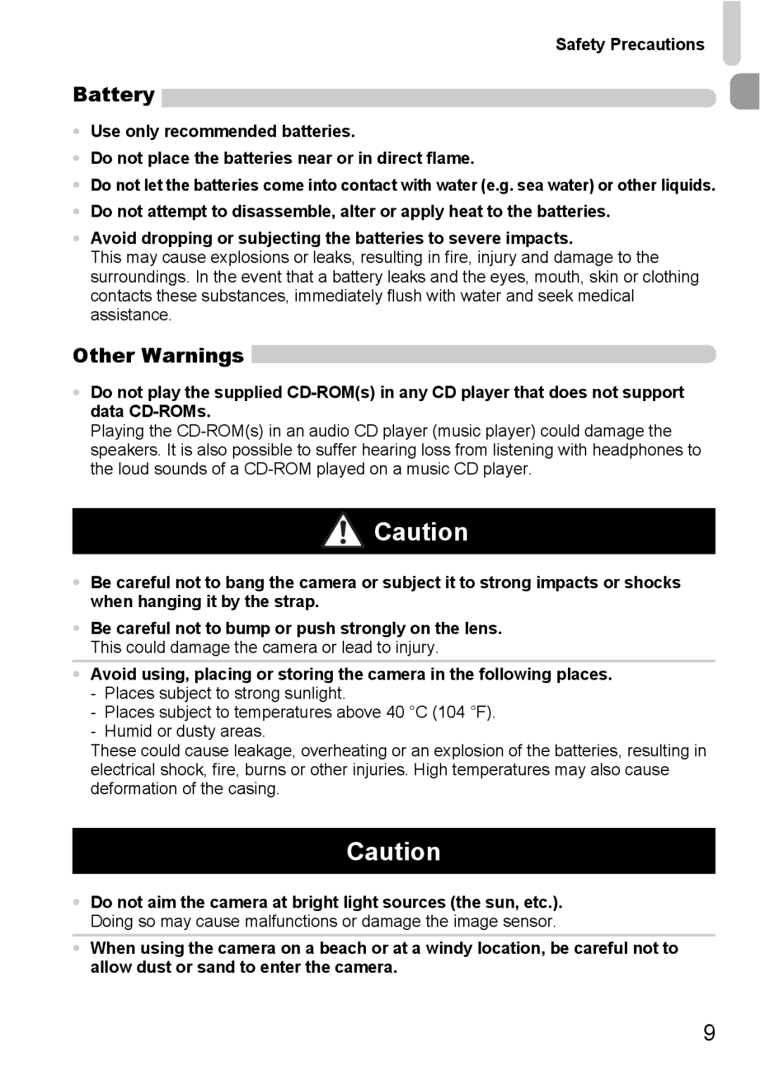 Canon A2100 IS manual Battery, Other Warnings, Safety Precautions 